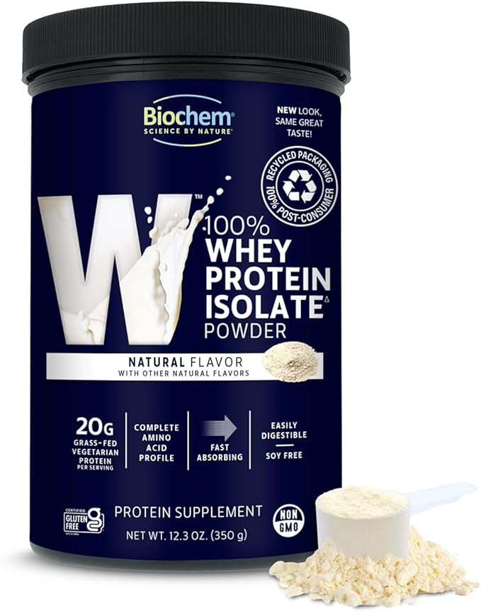 Biochem 100% Whey Isolate Protein - Natural Flavor - 12.3 Ounce Preworkout &amp Immune Health - 20g Vegetarian Protein - Easily Digestible - Refreshing Taste - Keto Friendly &amp Easy To Mix…