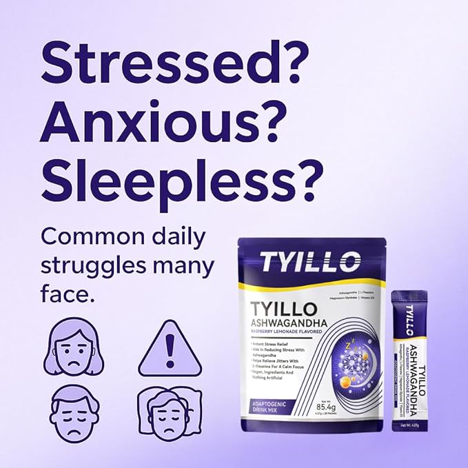 TYILLO Ashwagandha Drink Mix Raspberry Lemonade Flavor with L-Theanine Magnesium &amp D3 – Stress Relief Calm Focus &amp Sleep Support 20 Servings Sugar-Free Vegan Non-GMO Made In USA