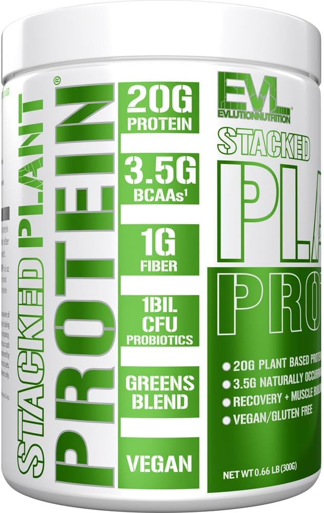 Evlution Nutrition Stacked Plant Protein Powder Vegan Non-GMO Gluten-Free Probiotics BCAAs Fiber Plant-Based Protein Complex 300G (Natural Vanilla)