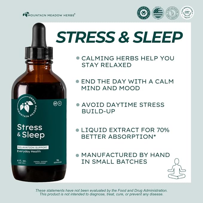 Mountain Meadow Herbs Stress &amp Sleep | Liquid Herbal Supplement for Calm Mind &amp Body | 4 oz