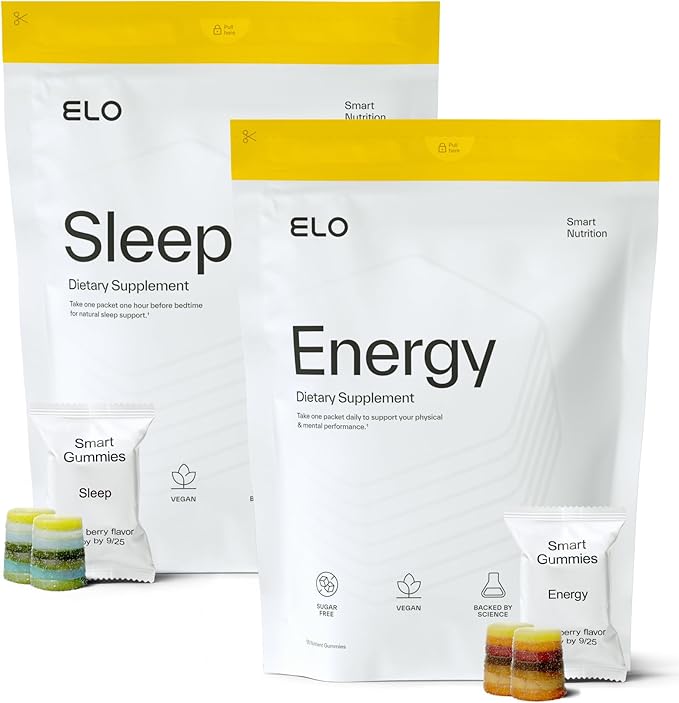 Elo Nootropic Energy and Sleep Gummies Bundle | Citicoline CoQ10 Ashwagandha Magnesium and Melatonin | Caffeine-Free Sugar-Free Vegan Non-GMO | 24-Hour Performance System | 28 Servings Each