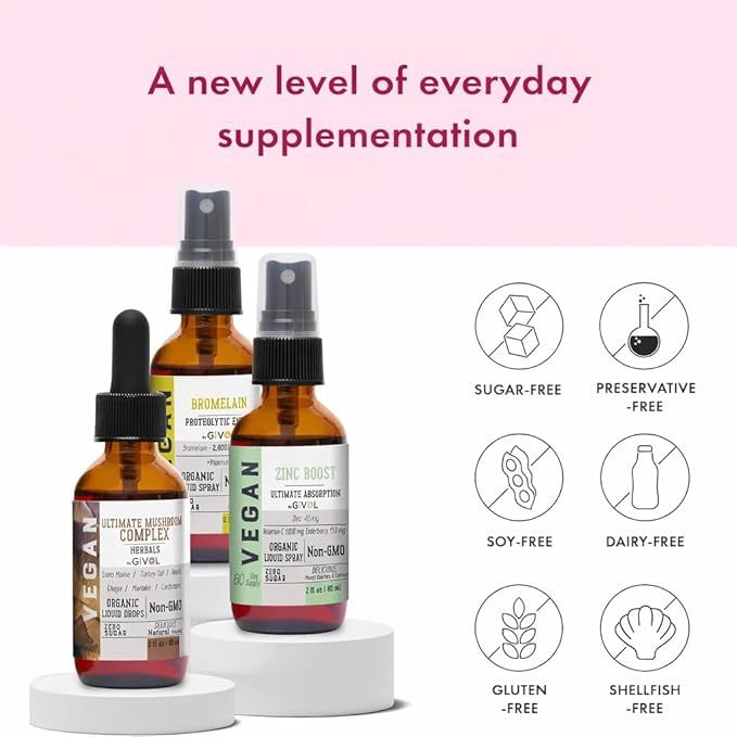 Digestive Harmony Bundle Liquid Vitamin Trio Mushroom Complex Lions Mane Reishi Maitake &amp Chaga Zinc Picolinate &amp Bromelain | Non-GMO | Gluten Free | Sugar-Free | 2 Fl Oz | 240 Days Supply