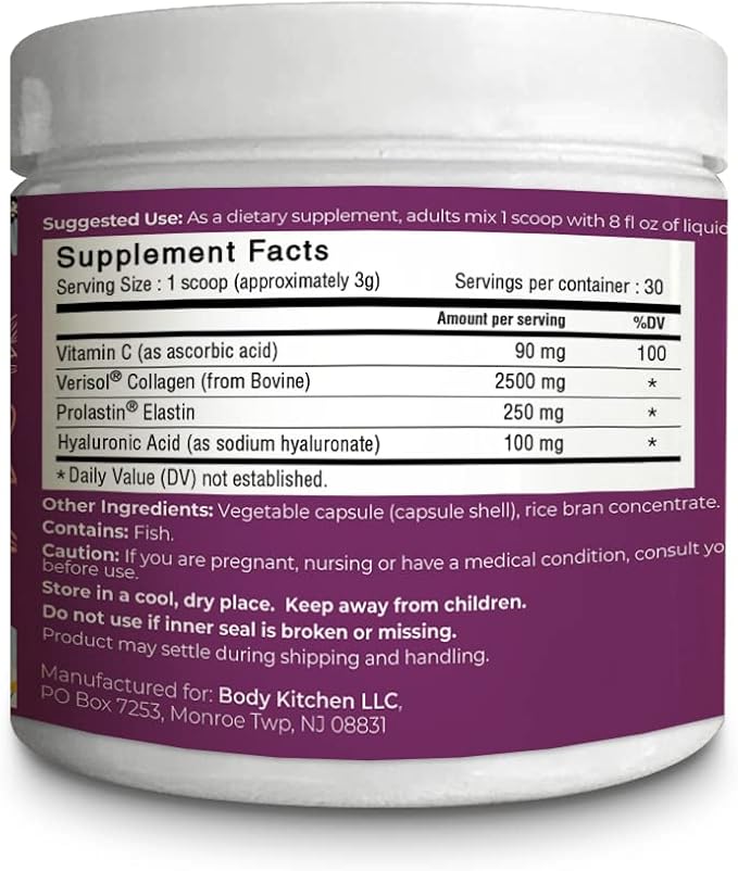 Body Kitchen Collagen + 250 mg Elastin – Supports Skin Hydration Elasticity &amp Healthy Aging Unflavored Powder (30 Servings)
