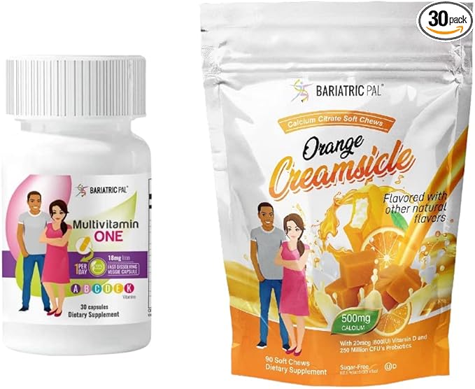 BariatricPal 30-Day Bariatric Vitamin Bundle (Multivitamin ONE 1 per Day! Capsule with 18mg Iron and Calcium Citrate Soft Chews 500mg with Probiotics - Orange Creamsicle)