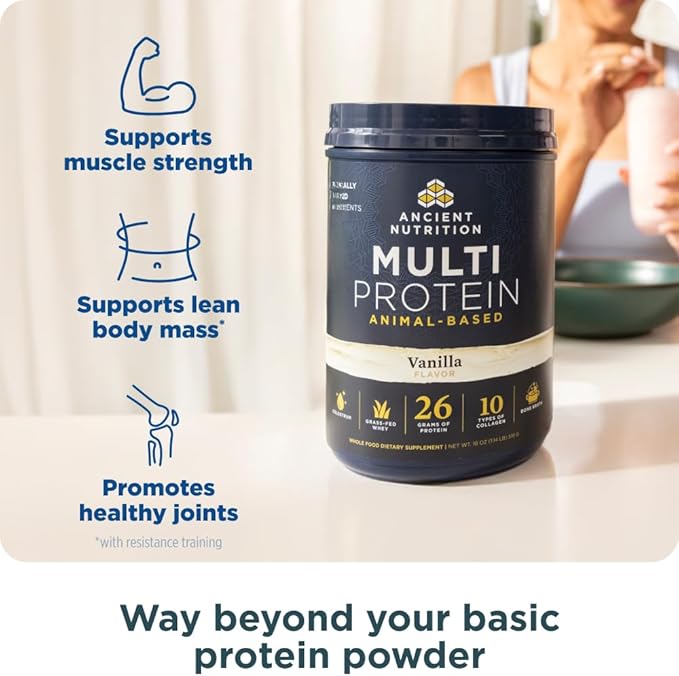 Ancient Nutrition Multi Protein Animal Based Powder 26g Protein Grass Fed Whey Bone Broth Collagen Peptides Colostrum &amp Probiotics Supports Joint &amp Gut Health Vanilla 15 Servings