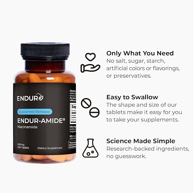 Endurance Products ENDUR-Amide - Niacinamide - SR (Sustained Release) 500 mg - Supports Skin &amp Cellular Health - High-Potency - Optimal 5–7 Hour Targeted Delivery - 200 Tablets