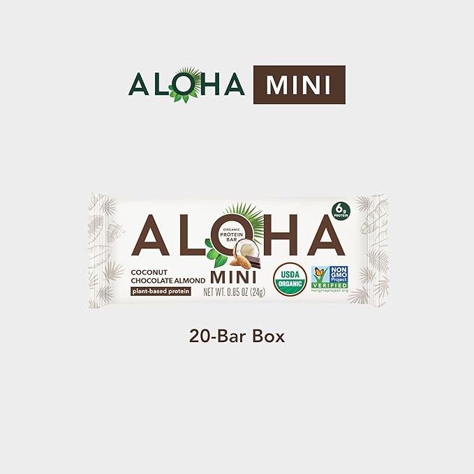 ALOHA Organic Plant Based Protein Bar MINIS |Coconut Chocolate Almond | 20 Count 24g Bars | Vegan Low Sugar Gluten Free Paleo Low Carb Non-GMO Stevia Free Soy Free No Sugar Alcohols