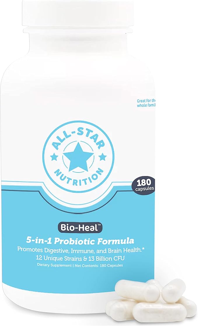 5-in-1 Bio-Heal® Probiotic Capsules for Kids Men &amp Women - Best Supplement for Brain Function Gut Health &amp Constipation - Shelf Stable &amp Fortified with Vitamins Minerals &amp Prebiotic