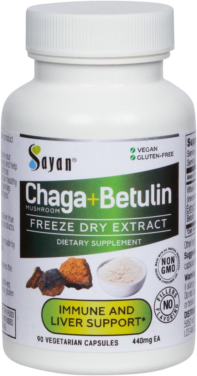 Sayan Siberian Chaga Mushroom Extract with Betulin – 90 Capsules/440mg ea – Wild-Harvested Antioxidant Blend – Immune System Support &amp Regulate Body Functions – Vegan Non-GMO No Fillers or Addit