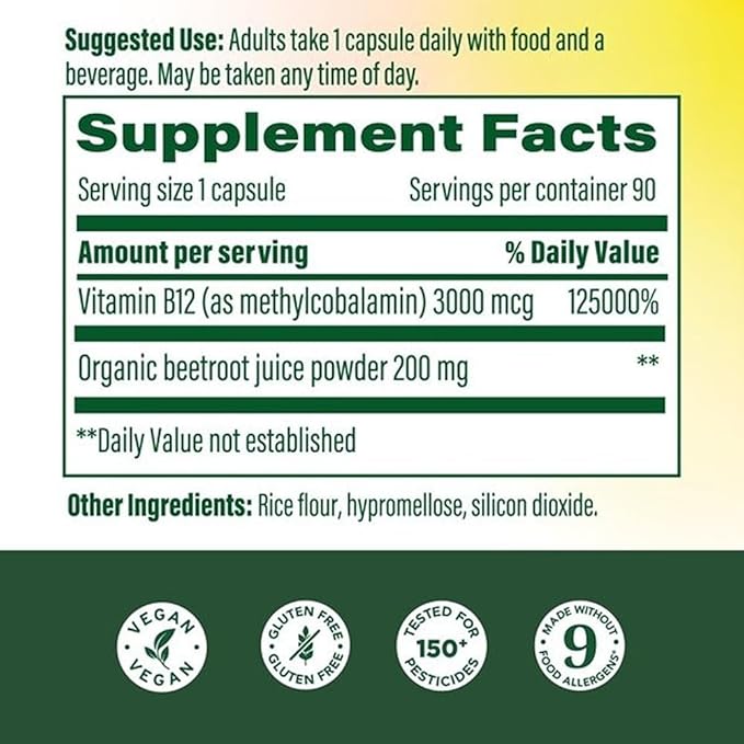 MegaFood Extra Strength Methyl B12 Vitamins Bioavailable Vitamin B12 3000mcg Per Serving Supports Energy Metabolism &amp Nervous System Health Beet Root Vegan Gluten Free 90 Capsules 90 Servin