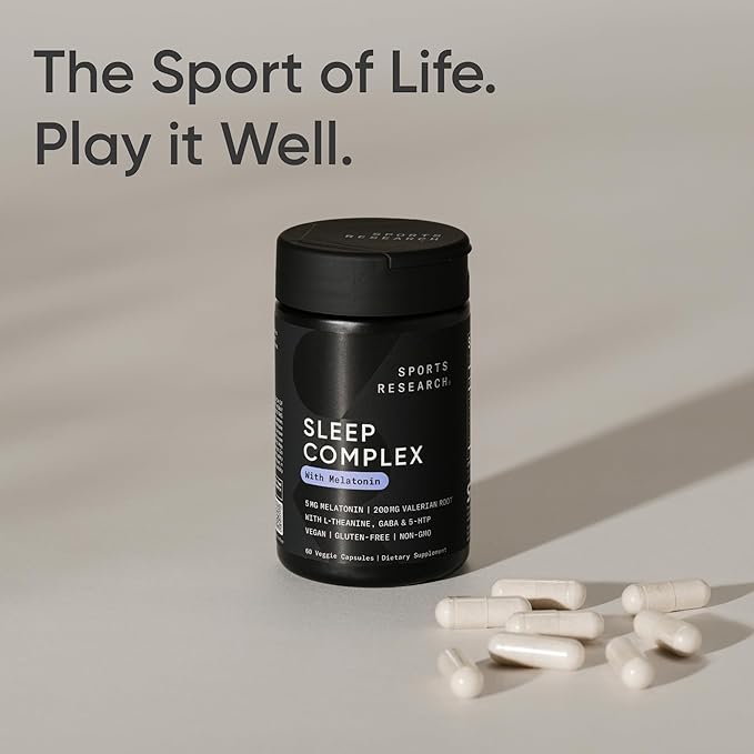 Sports Research® Sleep Complex with Melatonin 5mg L-Theanine 200mg &amp Magnesium - Supports Restorative Sleep &amp Relaxation - Vegan Certified · Non-GMO · Gluten Free - 60 Veggie Capsules
