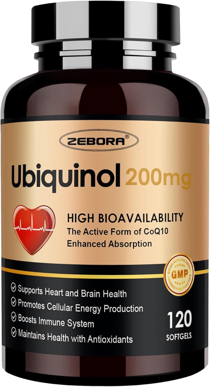 ZEBORA Ubiquinol CoQ10 200mg Softgels 4-in-1 Powerful Antioxidant for Heart and Vascular Health Essential for Energy Production Max Absorption Active Form of CoQ10 120 Softgels