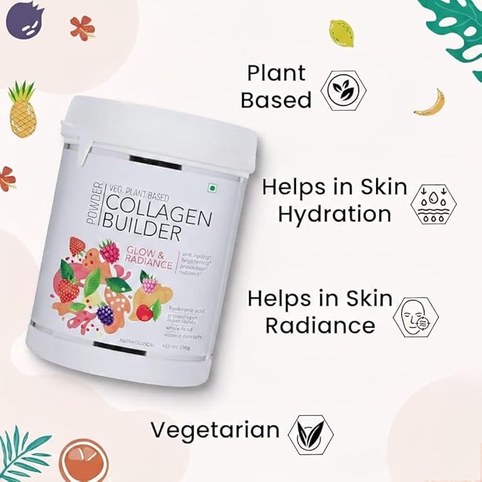 Collagen Builder Veg Plant Based Powder for Women and Men for Skin Glow with Hyaluronic Acid Glutathione Vitamin Extracts Pro Collagen Super Food 250 gram Strawberry Flavour No Added Sugar
