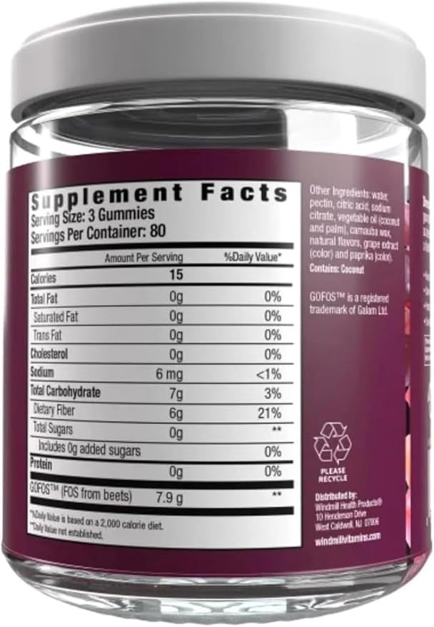 Fiber Care Prebiotic Gummies 6g of Fiber Per Serving FOS from Beets Digestive Health Supports Regularity Mixed Fruit Flavor (240 Gummies)