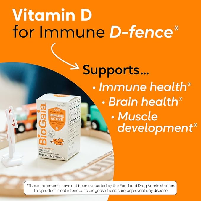 BioGaia Immune Active Kids | Probiotic + Vitamin D | for Digestive &amp Immune Health | Ages 3+ | Allergen Dairy Soy &amp Gluten Free | Trusted By Pediatricians | 60 Day Supply | Orange Flavored C