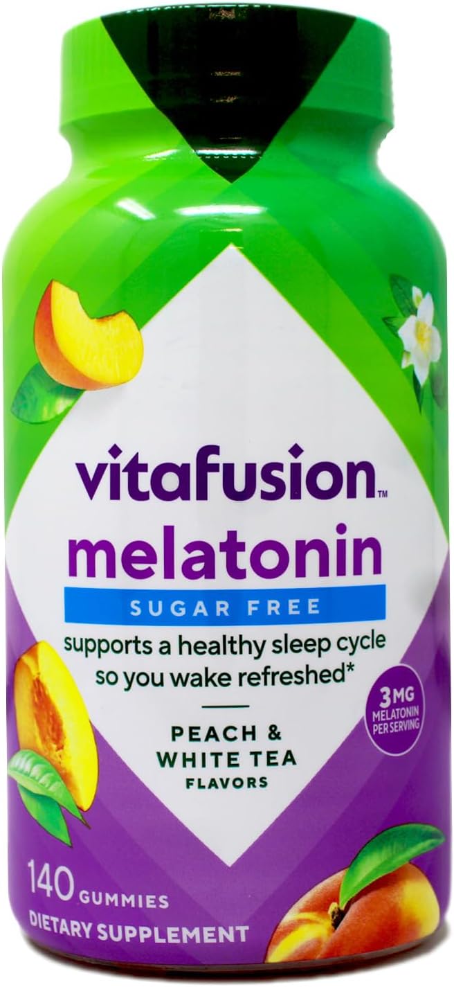 Vitafusion 3 mg Melatonin Gummy Supplement Awake Refreshed Sleep Support &amp Jet Lag Aid Sugar-Free Dietary Supplement Natural White Tea &amp Peach Flavors 140 Count (Pack of 2)
