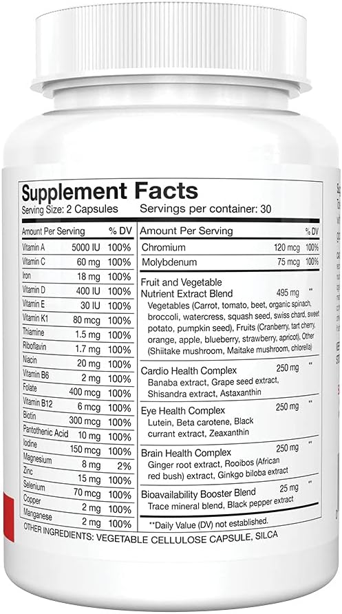 Silver Fern Whole Food Daily Multi Vitamin w/Trace Mineral Blend Supplement - 4 Bottles - 60 Vegicaps Each - 120 Day Supply - Natural Non-GMO Vegan Multivitamin - Zero Synthetics