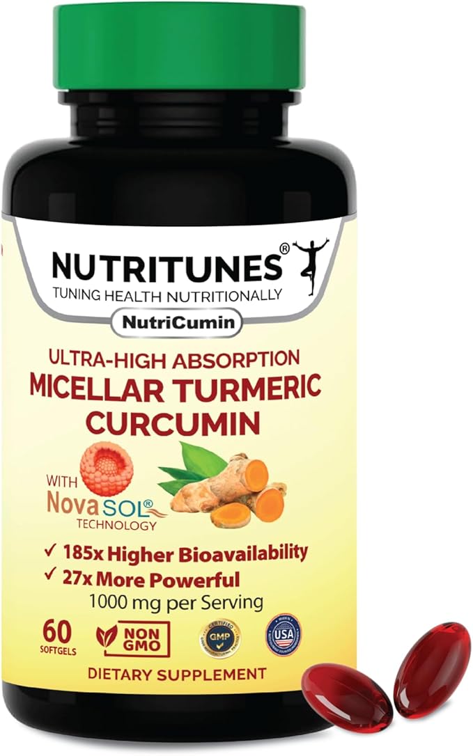 NutriCumin NovaSOL Turmeric Curcumin 1000 mg – 185× Absorption – Supports Joint Comfort &amp Mobility – Non‑GMO Softgels 60 Ct.
