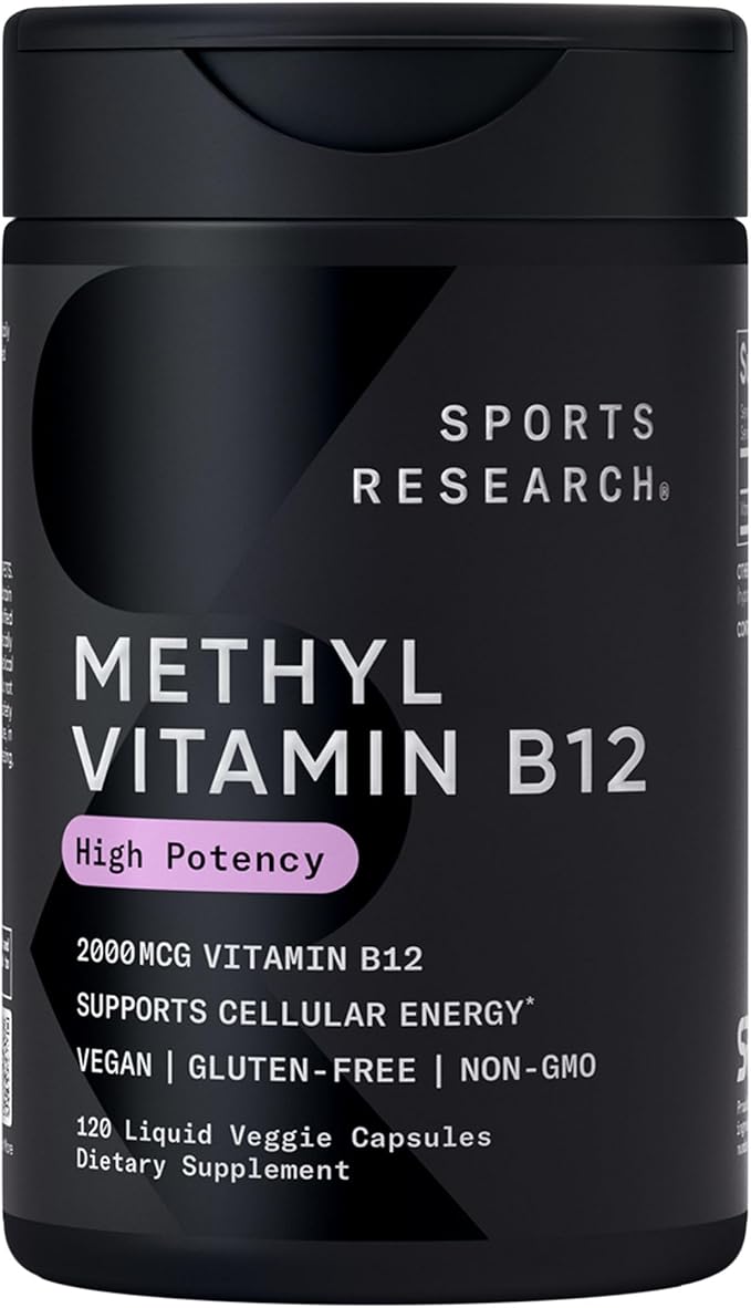 Sports Research® Celular Energy Pack - Plant Based Vitamin B12 as Methylcobalamin 2000mcg + Magnesium Glycinate 160mg + Vegan Vitamin D3 5000iu &amp Mk7 Vitamin K2 100mcg