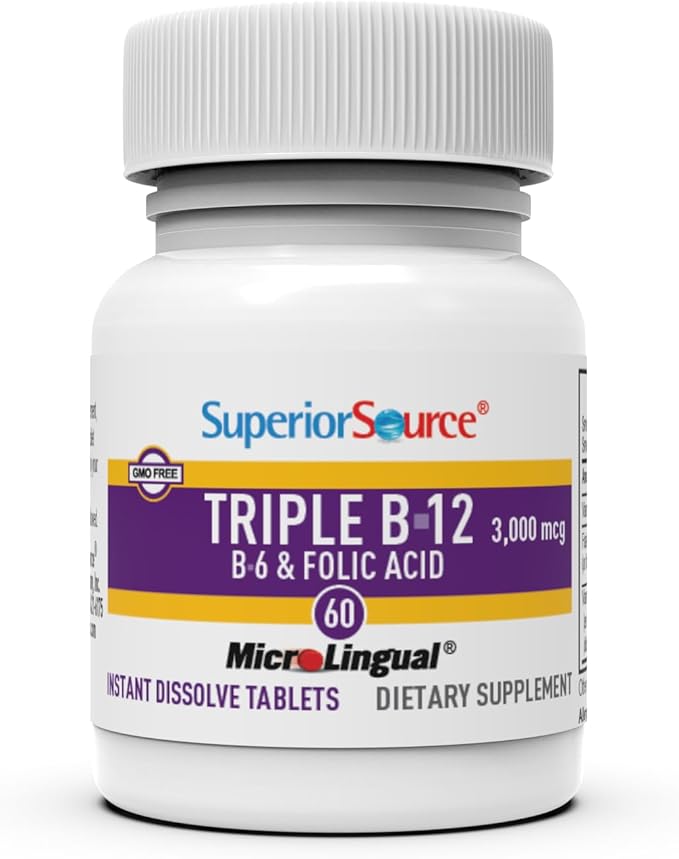 Superior Source NO Shot Triple B-12 3000 mcg B-6 Folic Acid 800 mcg - Formula Supports Heart Health &amp Energy - Health Supplement with Folic Acid &amp Methylcobalamin - 60 Instant Dissolve Tablet