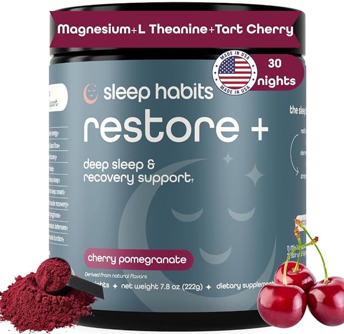 SleepHabits Restore | 30 Nights Magnesium Glycinate Powder Natural Sleep Aid with L-Theanine Tart Cherry Beet Root | Calm Melatonin-Free Deep Sleep Supplement Drink for Recovery &amp Clear Morning