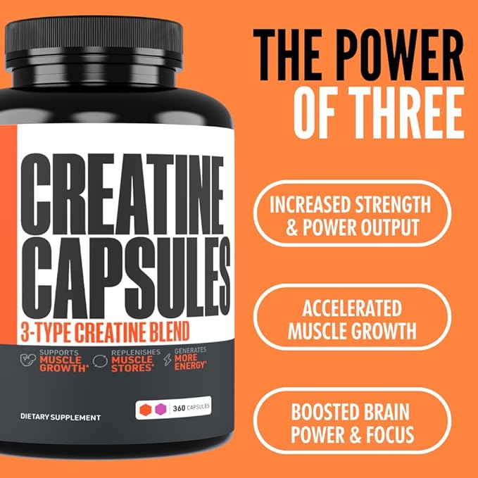 Crazy Muscle Creatine Capsules 5g of Premium 3X ThreeAtine Pre Workout Bulk Mass Gainer High Absorption Easy to Take Creatine Monohydrate Optimum Performance for Men Women 360 Capsules