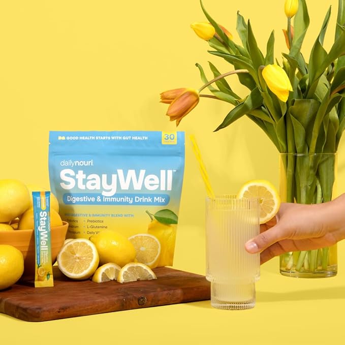 Daily Nouri StayWell Gut Health Drink Mix | Digestive &amp Immune Support Powder | Colostrum + L-Glutamine + Probiotics | Lemonade | 30 Stick Packs