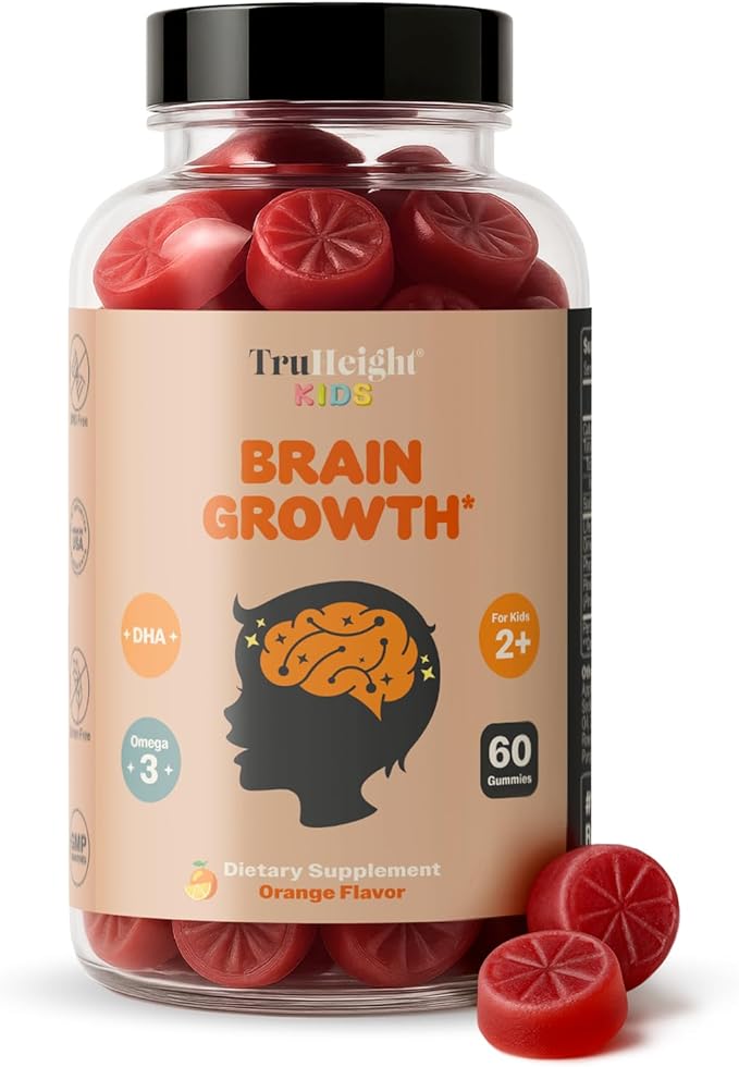 TruHeight Kids Brain Growth Gummies (Orange Ages 2+) All Natural Kids &amp Toddler Vitamins - Omega-3 DHA Multivitamin - Brain &amp Memory Supplements - Gluten Free Supplement Vitamin