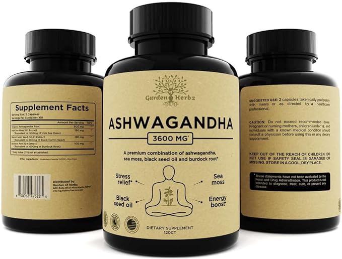 Organic Ashwagandha Root &amp Irish Sea Moss Capsules 3600 mg with Black Seed Oil &amp Burdock Root – Stress Mood Energy &amp Sleep Support Supplement for Women and Men – Vegan Non-GMO 120 Cap