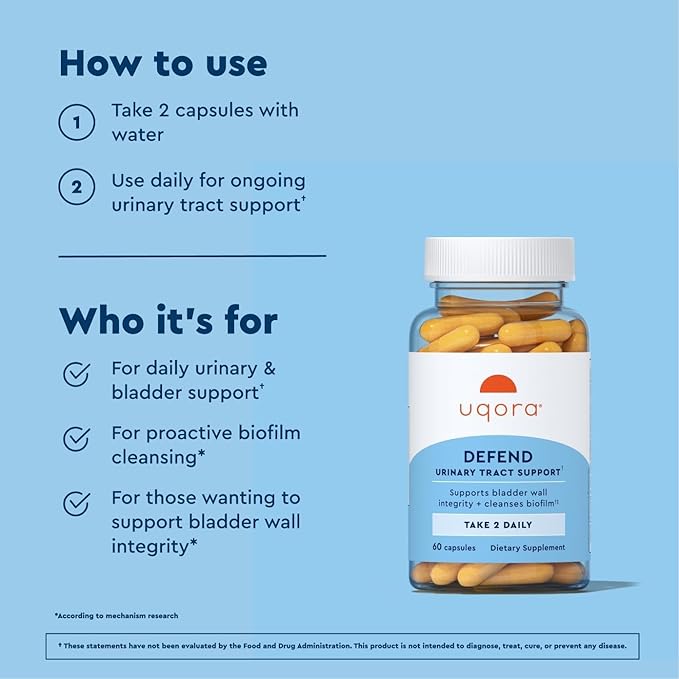 Uqora Defend - Urinary Tract Health Supplement - Support Bladder Health &amp Cleanse Biofilm* with D-Mannose Green Tea Extract Turmeric Extract &amp More - Gluten-Free - 60 Capsules (30-Day Supply