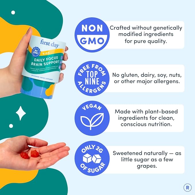 FIRST DAY Kids Focus &amp Brain Supplement Gummies Ages 4+ | Attention &amp Calm Support with Cognizin® Citicoline &amp Phosphatidylserine | Organic Vegan | 30-Day Supply