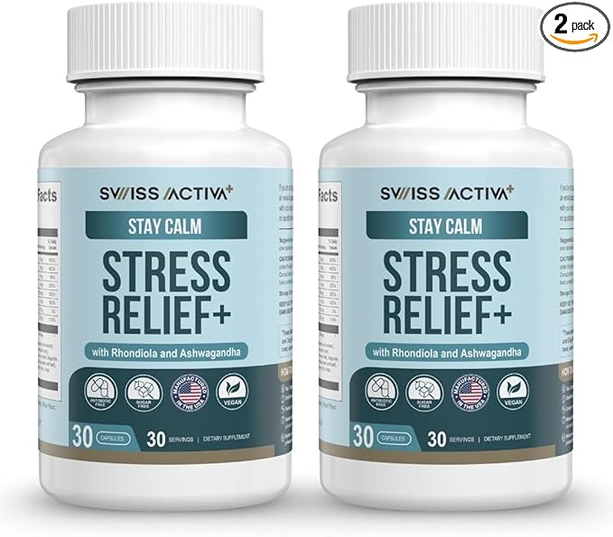 Swiss Activa+ Labs Stress Relief Supplement | Natural Support with Ashwagandha L-Theanine &amp Rhodiola | Calming Supplements for Adults | Cortisol &amp Mood Balance Focus &amp Relaxation | 60 Da