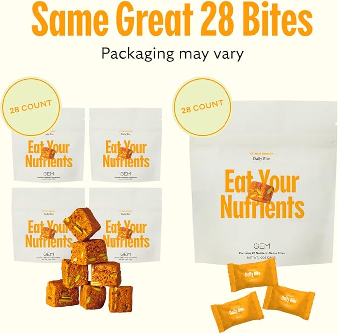 GEM Daily Bite for Women &amp Men with 20+ Vitamins Minerals &amp Superfoods Like Zinc Vitamin D B-Complex K Turmeric Fiber &amp Prebiotics Beta Glucan GLP-1 Support &amp Immunity (Citrus
