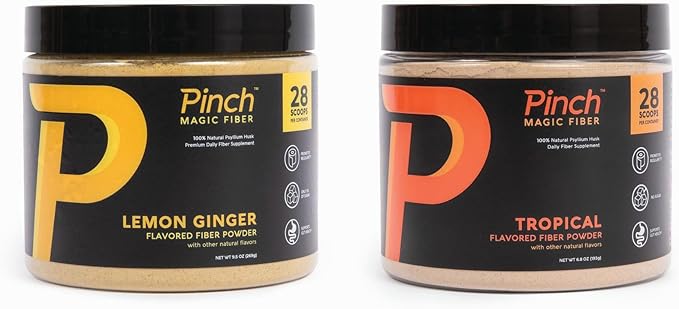 Pinch Magic Fiber | Prebiotic Supplement for Digestive Health | Psyllium Husk Powder | Keto Vegan Sugar-Free | Tropical &amp Lemon Ginger Flavors | USA-Made | 28-Day Supply for All