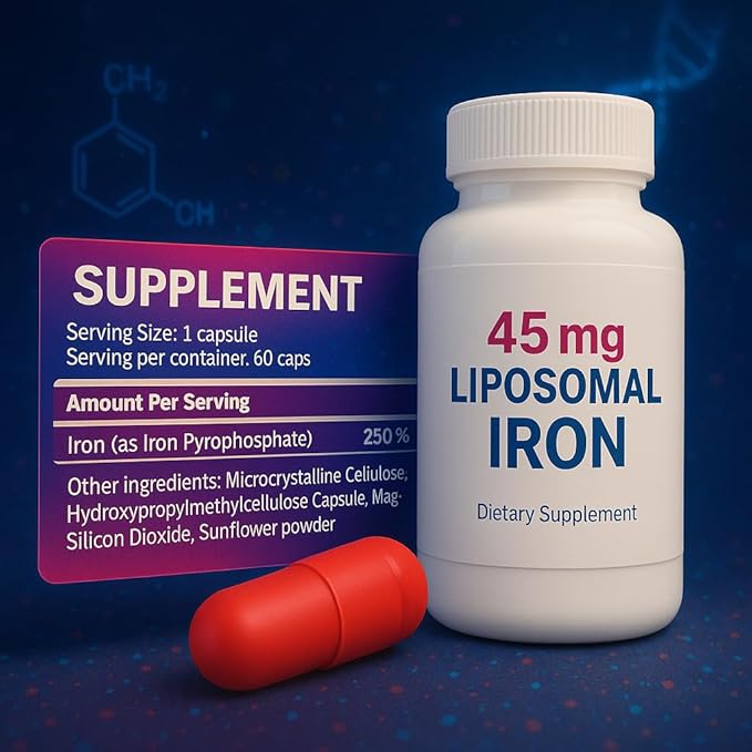 Max Liposomal Iron Supplement 60 Capsules (45mg Pure Elemental Iron) by Siba Pharm | Maximum Absorption Formula | Non GMO Vegan Premium Quality | Helps New Blood Cell Production.