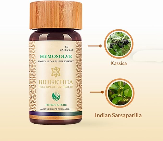Biogetica Hemosolve Herbal Daily Iron Supplement with Kassisa Mineral and Sarsaparilla Root - Non-GMO - 100% Vegan Ayurveda Supplement - 80 Capsules