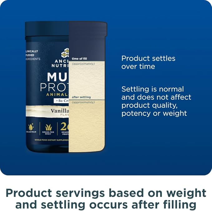 Ancient Nutrition Multi Protein Animal Based Powder + Creatine 26g Protein Grass Fed Whey Bone Broth Collagen Peptides 5g Creatine Monohydrate Colostrum &amp Probiotics Vanilla Bean 15 Servin