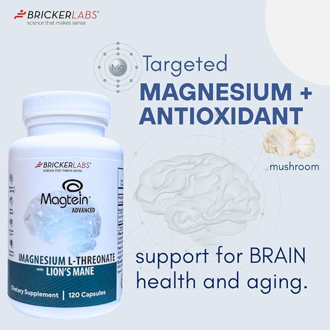Bricker Labs Magtein® &amp Lion’s Mane-Advanced Magnesium L-Threonate Formula for Brain Health Memory &amp Focus-Cognitive Support Supplement 120 Capsules