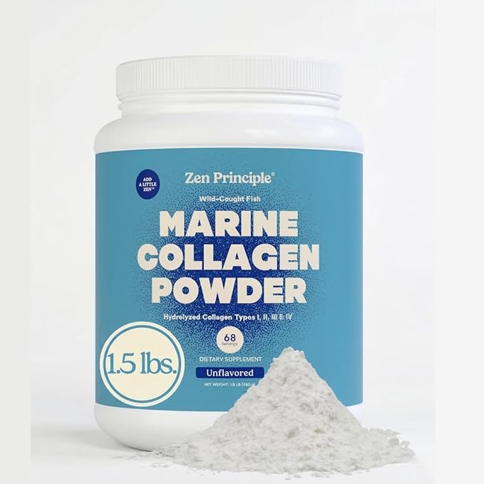 Zen Principle Marine Collagen Peptides Powder 1.5 lb. Wild-Caught Fish Non-GMO. Supports Healthy Skin Hair Joints and Bones.Hydrolyzed Types I II III and IV Protein. Amino Acids. Easy to Mix.