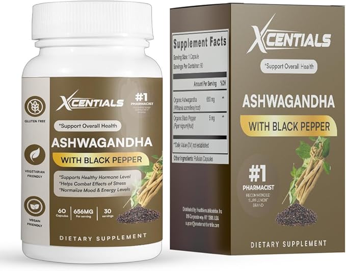 Organic Ashwagandha Root Powder + Extract 656mg with Black Pepper Standardized for Stress Support &amp Calm Gluten‑Free 90 Vegan Capsules