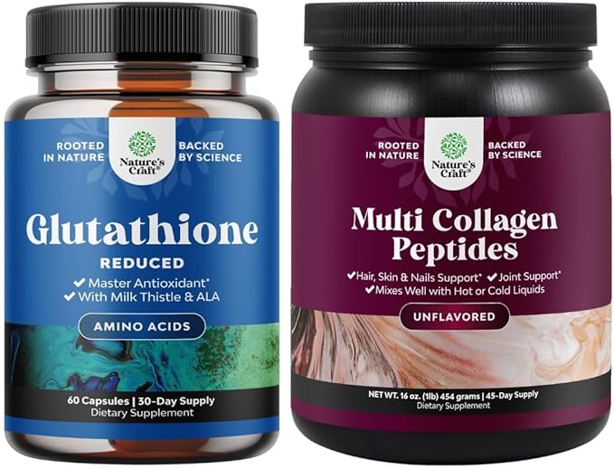 Bundle of Reduced Glutathione Supplement with Milk Thistle - 1000mg per Serving Pure L Glutathione and Multi Collagen Protein Powder - Keto Hydrolyzed Collagen Peptides 45 Servings Hair Skin &amp Nai