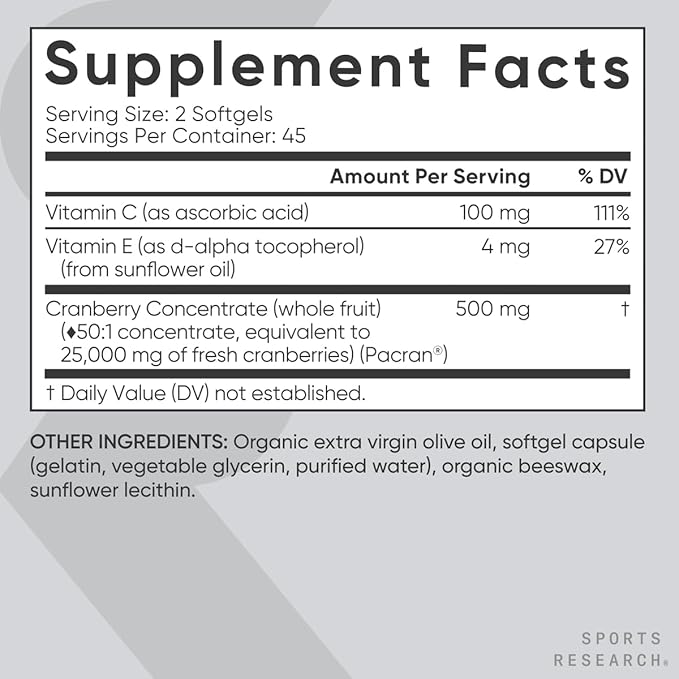 Sports Research Cranberry Fruit Complex Supplement with Pacran &amp Vitamins C &amp E Whole Fruit Blueberry Concentrate Made from Organic Blueberries and Plant Based Vitamin D3 + K2 with Coconut Oi