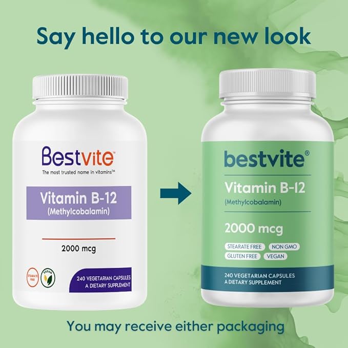 BESTVITE Vitamin B12 (Methylcobalamin) 2000mcg (480 Vegetarian Capsules)(2 x 240) (Methyl B12) - No Stearates - Vegan - Non GMO - Gluten Free