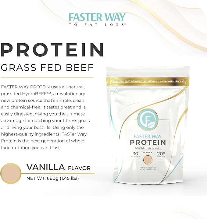 Faster Way - Protein Powder - Hydrolyzed Grass Fed Beef - 20g of Protein Per Serving - Muscle Growth &amp Recovery - 9 Essential Amino Acids - Sugar Gluten &amp Dairy Free - Non-GMO - Vanilla - 30