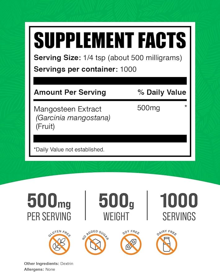 BulkSupplements.com Mangosteen Extract Powder - Superfood Supplement from Mangosteen Fruit - Gluten Free 500mg per Serving 500g (1.1 lbs) (Pack of 1)