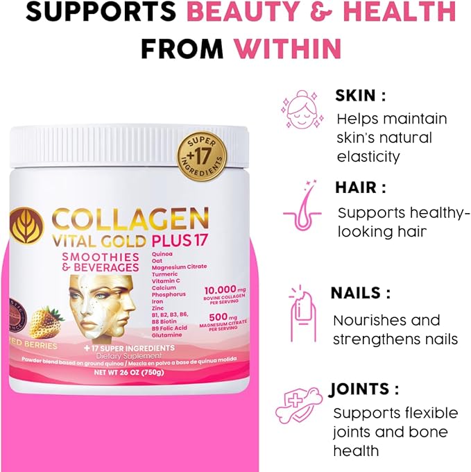 Vital Life Collagen Peptides Powder +17 Super Ingredients 1.6 lb (Pack of 6) Red Berries Flavor Supports Hair Skin Nails Bones Joints &amp Digestive Health Collagen for Women &amp Men.