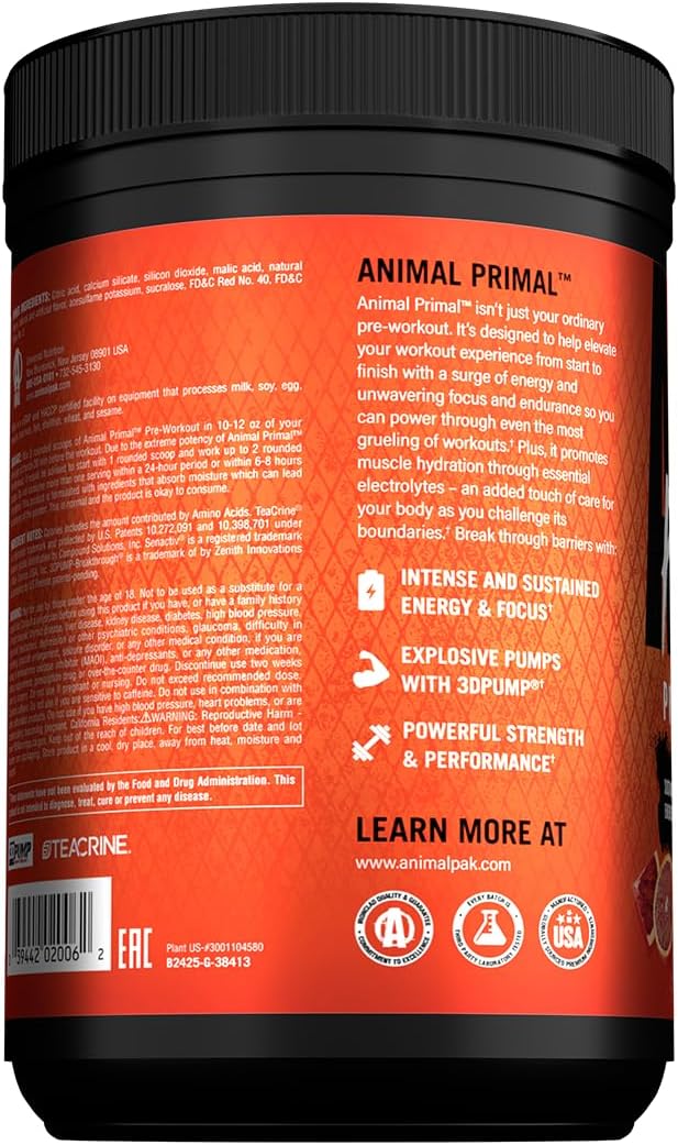 Animal Primal Muscle Hydration + Preworkout Powder – Contains Beta Alanine 3DPump Caffeine &amp Electrolytes – Improves Energy Focus Endurance &amp Absorption – New Blood Orange Flavor 17.7 oz
