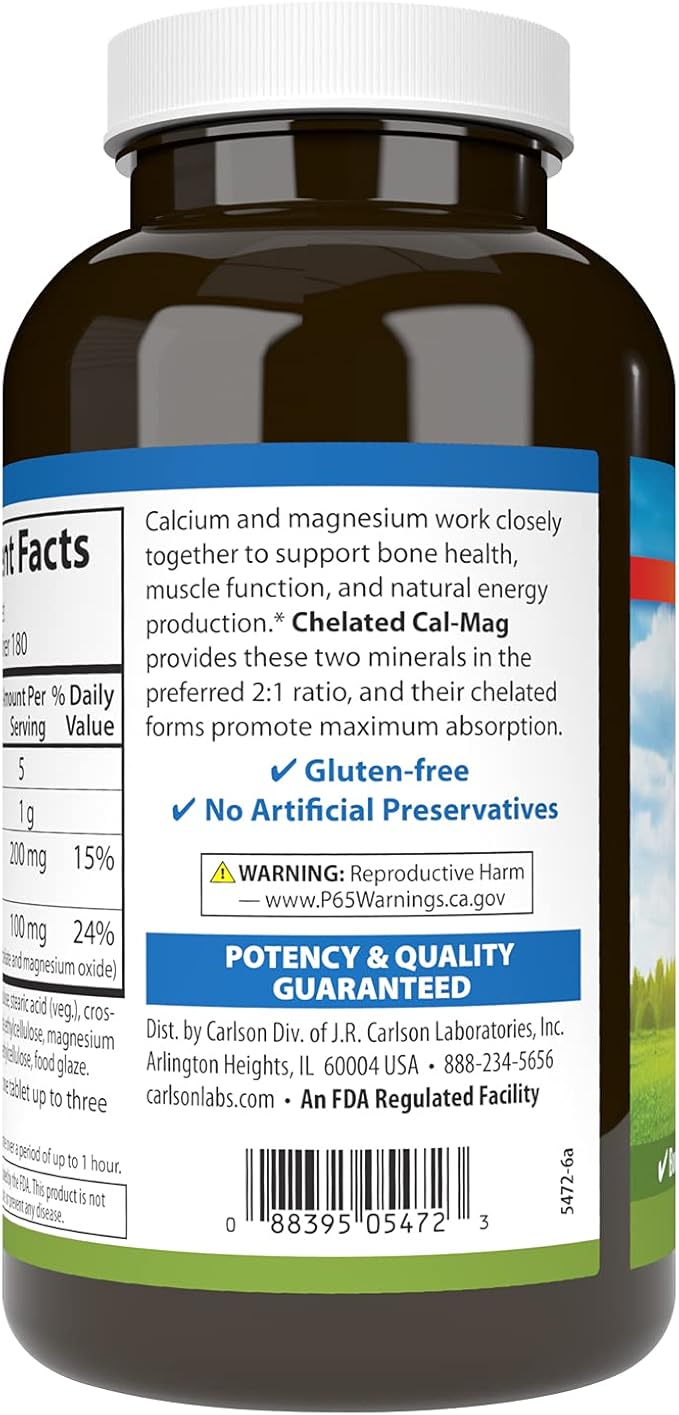 Carlson - Chelated Cal-Mag 2:1 Calcium to Magnesium Ratio Bone Support Muscle Function &amp Energy Production 180 Tablets