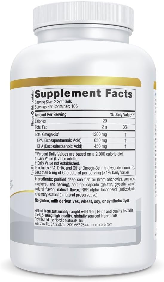 Nordic Naturals ProOmega Lemon Flavor - 210 Soft Gels - 1000 mg Omega-3 - High-Potency Fish Oil with EPA &amp DHA - Promotes Brain Eye Heart &amp Immune Health - Non-GMO - 105 Servings