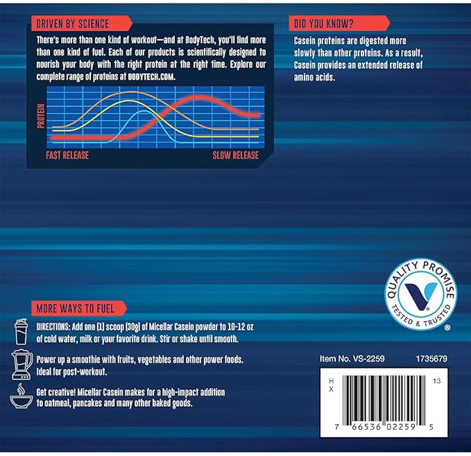 BodyTech Micellar Casein Protein Powder - Slow-Release for Overnight Muscle Recovery - 24g Protein per Serving - French Vanilla (2 lb)